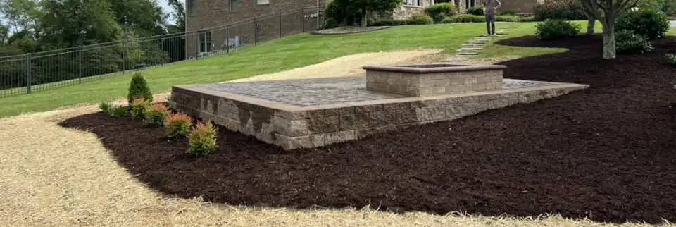 Built-in fire pit on a paver patio with seating area